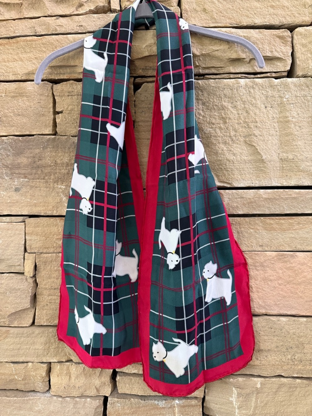 Silk Rolled Edge Plaid West Highland Terrier Print Scarf Red Green Black & White